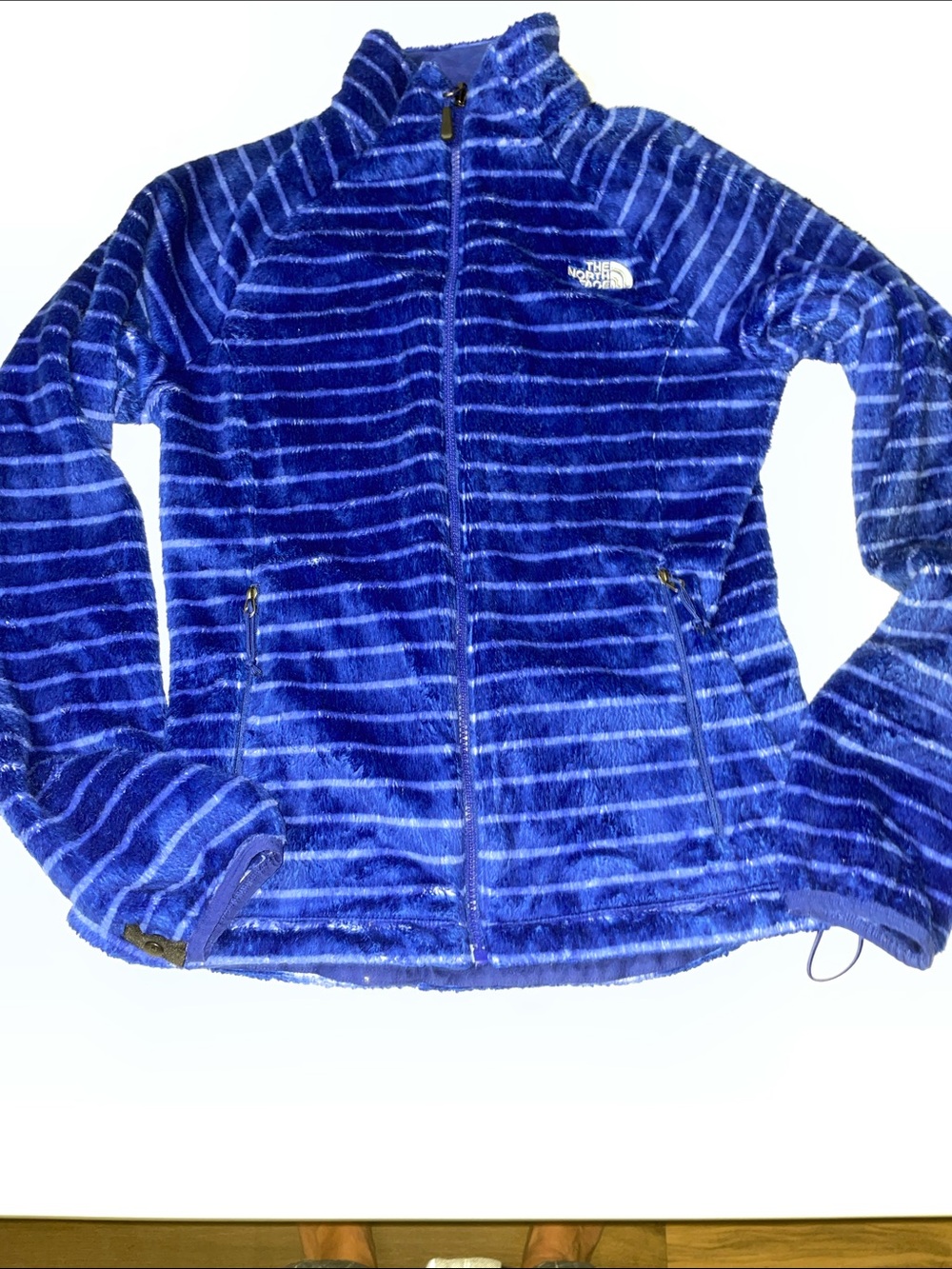 The North Face blue striped fleece jacket